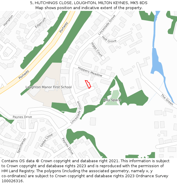 5, HUTCHINGS CLOSE, LOUGHTON, MILTON KEYNES, MK5 8DS: Location map and indicative extent of plot