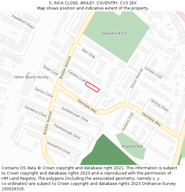 5, INCA CLOSE, BINLEY, COVENTRY, CV3 2EX: Location map and indicative extent of plot