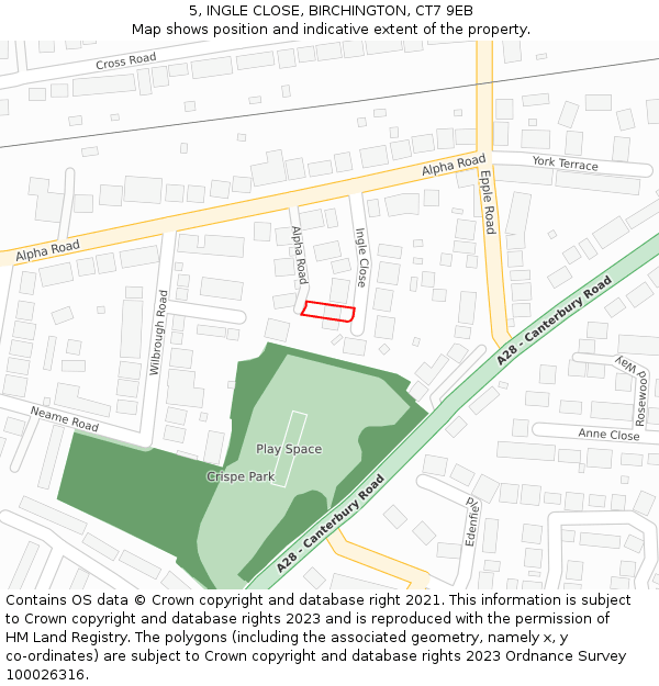 5, INGLE CLOSE, BIRCHINGTON, CT7 9EB: Location map and indicative extent of plot