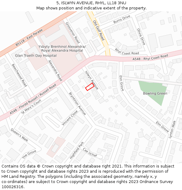 5, ISLWYN AVENUE, RHYL, LL18 3NU: Location map and indicative extent of plot