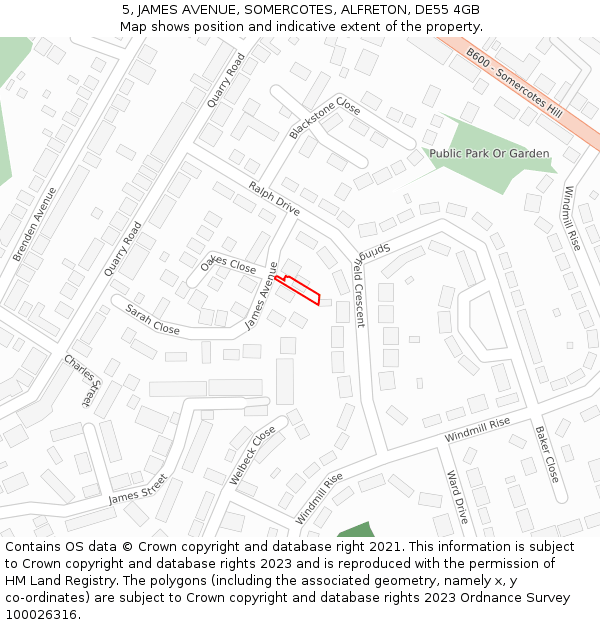 5, JAMES AVENUE, SOMERCOTES, ALFRETON, DE55 4GB: Location map and indicative extent of plot