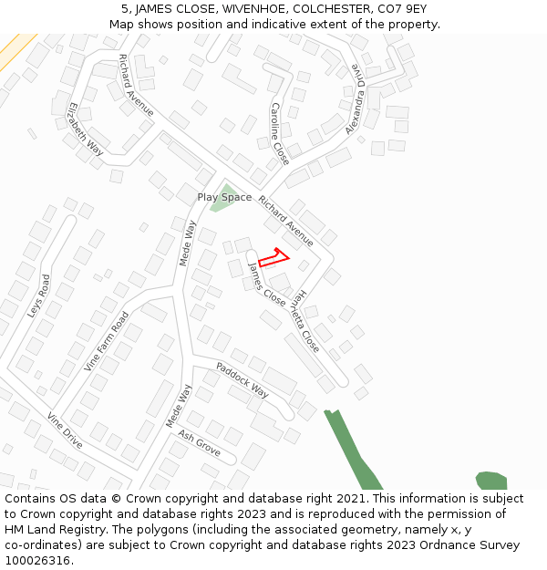 5, JAMES CLOSE, WIVENHOE, COLCHESTER, CO7 9EY: Location map and indicative extent of plot