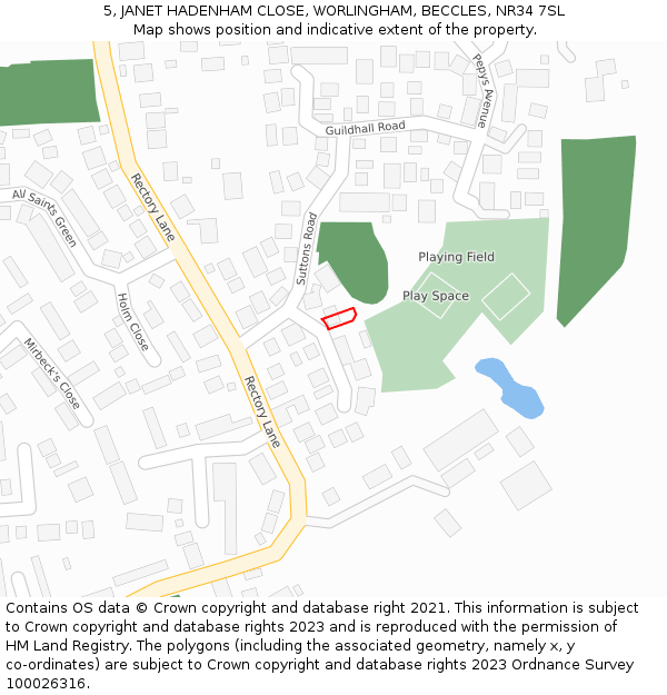 5, JANET HADENHAM CLOSE, WORLINGHAM, BECCLES, NR34 7SL: Location map and indicative extent of plot