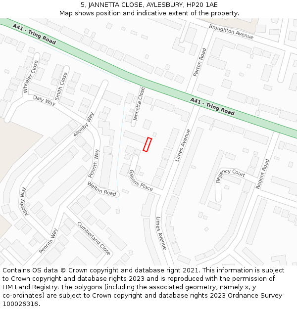 5, JANNETTA CLOSE, AYLESBURY, HP20 1AE: Location map and indicative extent of plot