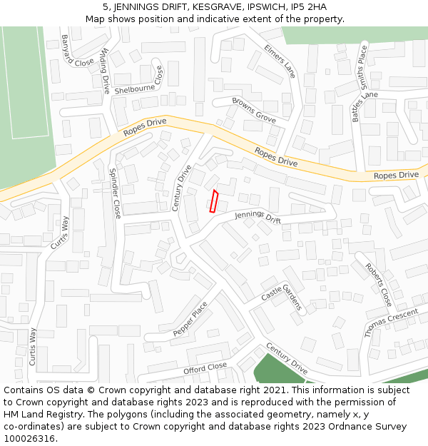 5, JENNINGS DRIFT, KESGRAVE, IPSWICH, IP5 2HA: Location map and indicative extent of plot