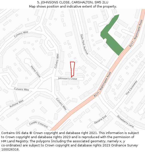 5, JOHNSONS CLOSE, CARSHALTON, SM5 2LU: Location map and indicative extent of plot