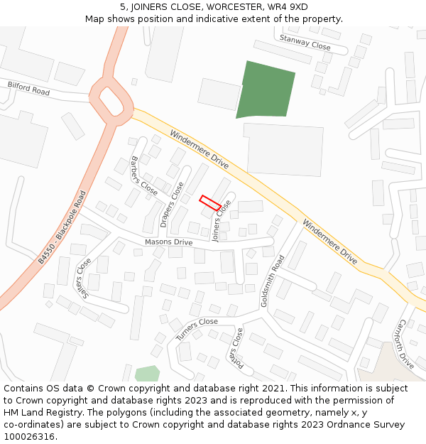 5, JOINERS CLOSE, WORCESTER, WR4 9XD: Location map and indicative extent of plot