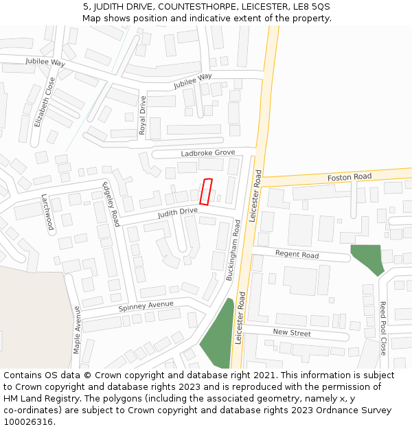 5, JUDITH DRIVE, COUNTESTHORPE, LEICESTER, LE8 5QS: Location map and indicative extent of plot