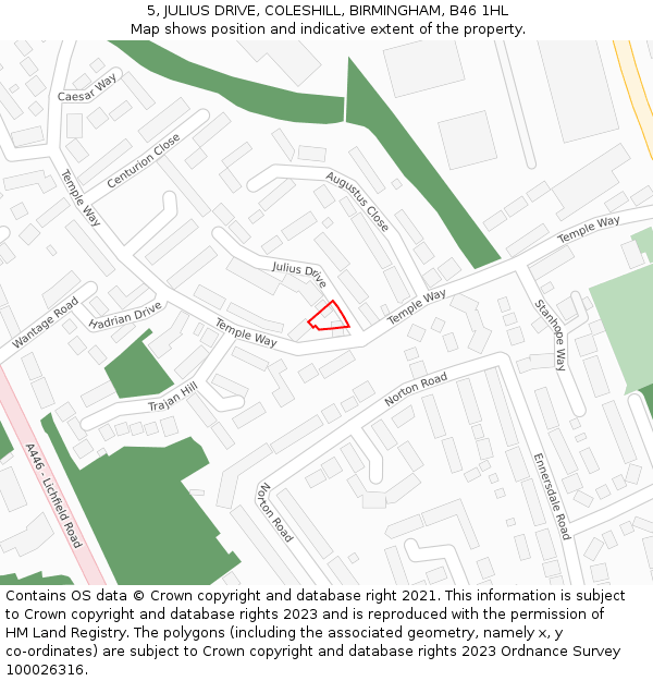 5, JULIUS DRIVE, COLESHILL, BIRMINGHAM, B46 1HL: Location map and indicative extent of plot