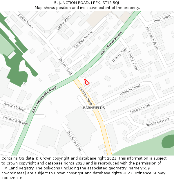 5, JUNCTION ROAD, LEEK, ST13 5QL: Location map and indicative extent of plot