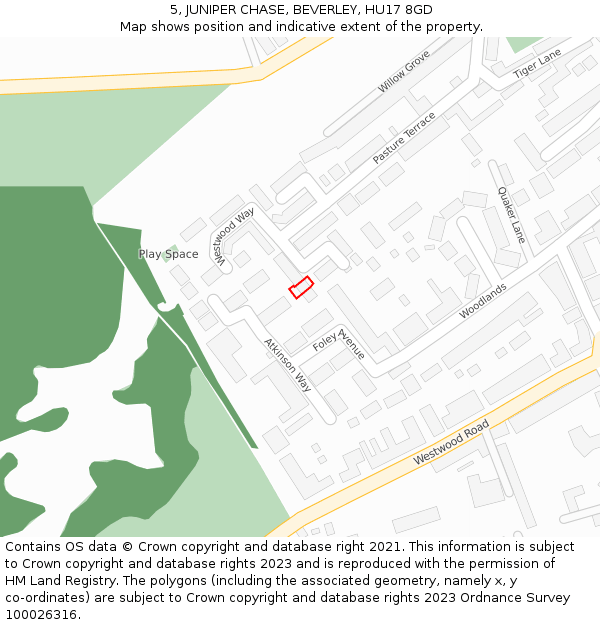 5, JUNIPER CHASE, BEVERLEY, HU17 8GD: Location map and indicative extent of plot