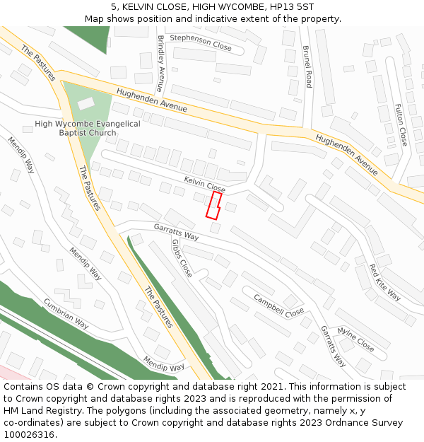 5, KELVIN CLOSE, HIGH WYCOMBE, HP13 5ST: Location map and indicative extent of plot