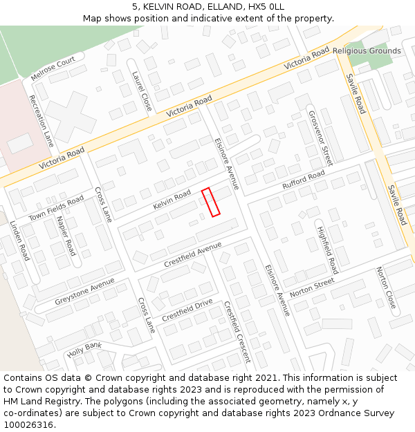 5, KELVIN ROAD, ELLAND, HX5 0LL: Location map and indicative extent of plot