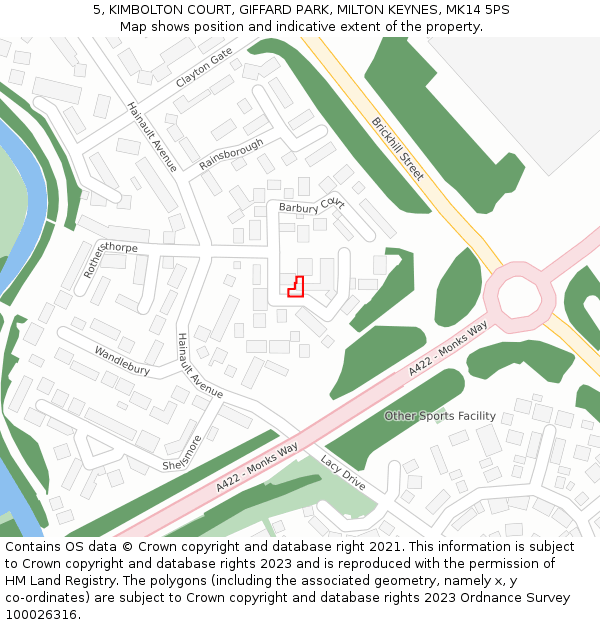 5, KIMBOLTON COURT, GIFFARD PARK, MILTON KEYNES, MK14 5PS: Location map and indicative extent of plot