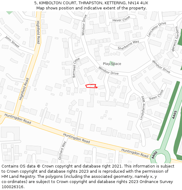 5, KIMBOLTON COURT, THRAPSTON, KETTERING, NN14 4UX: Location map and indicative extent of plot