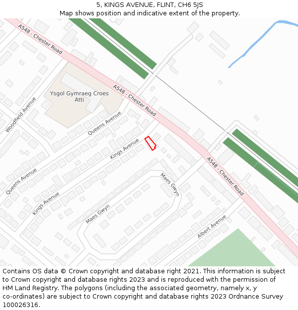 5, KINGS AVENUE, FLINT, CH6 5JS: Location map and indicative extent of plot