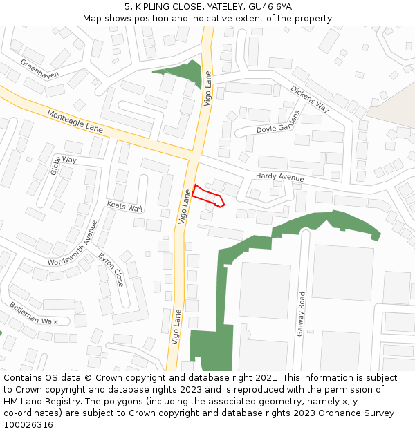 5, KIPLING CLOSE, YATELEY, GU46 6YA: Location map and indicative extent of plot