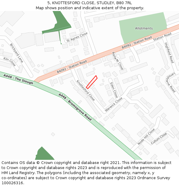 5, KNOTTESFORD CLOSE, STUDLEY, B80 7RL: Location map and indicative extent of plot