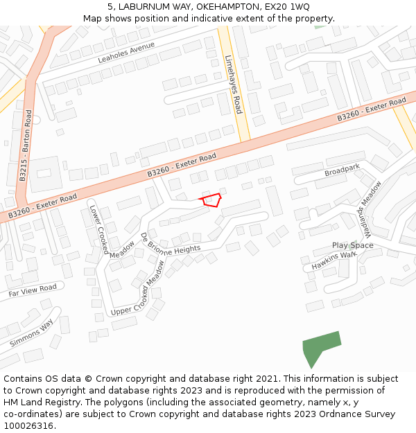 5, LABURNUM WAY, OKEHAMPTON, EX20 1WQ: Location map and indicative extent of plot