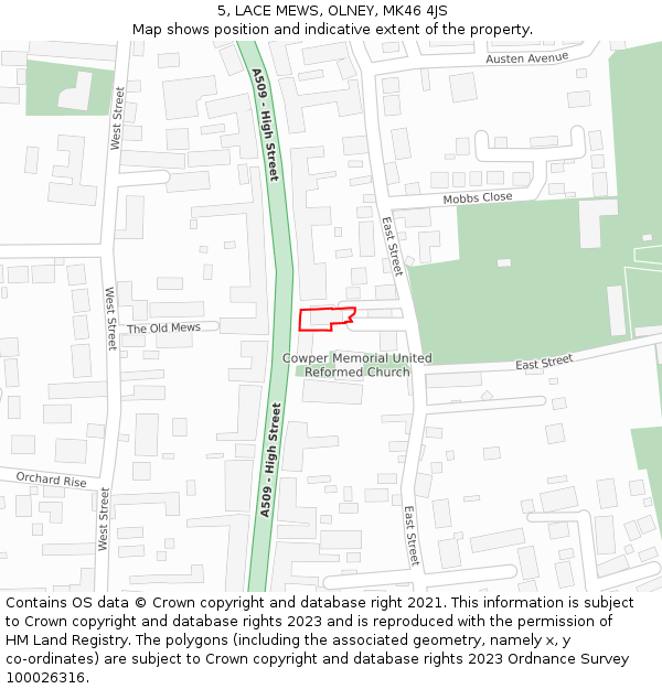 5, LACE MEWS, OLNEY, MK46 4JS: Location map and indicative extent of plot