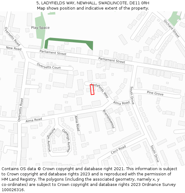 5, LADYFIELDS WAY, NEWHALL, SWADLINCOTE, DE11 0RH: Location map and indicative extent of plot