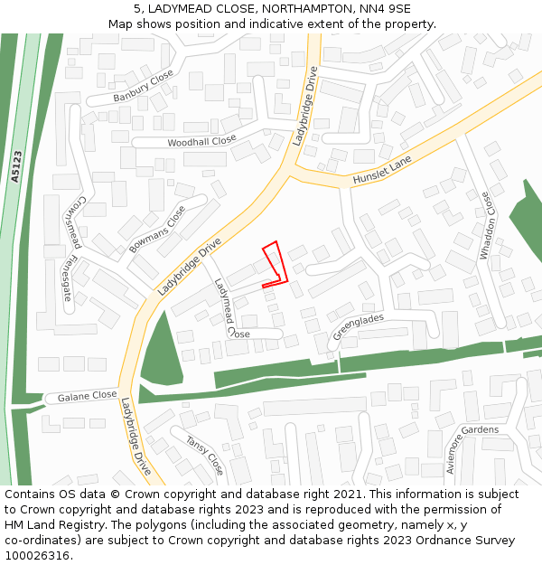 5, LADYMEAD CLOSE, NORTHAMPTON, NN4 9SE: Location map and indicative extent of plot