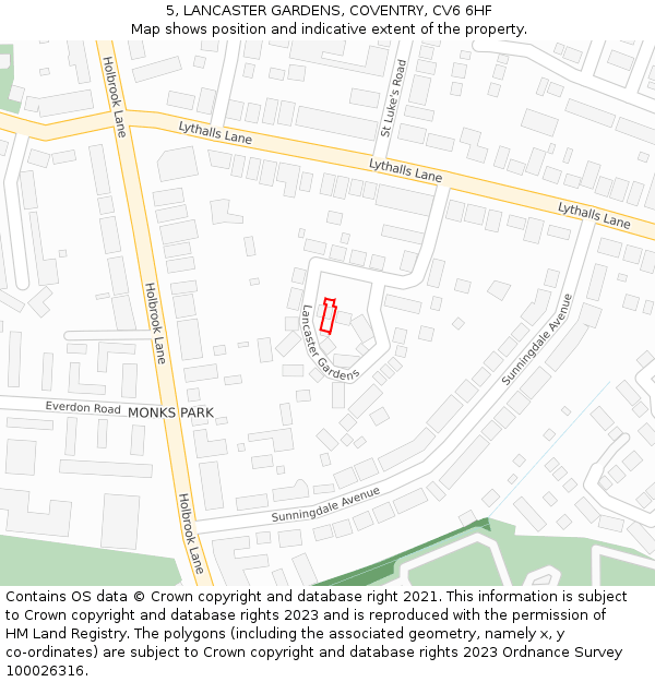 5, LANCASTER GARDENS, COVENTRY, CV6 6HF: Location map and indicative extent of plot