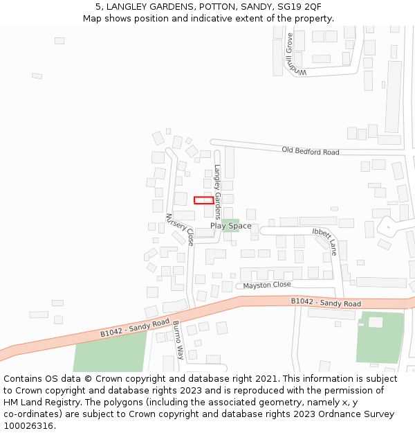 5, LANGLEY GARDENS, POTTON, SANDY, SG19 2QF: Location map and indicative extent of plot