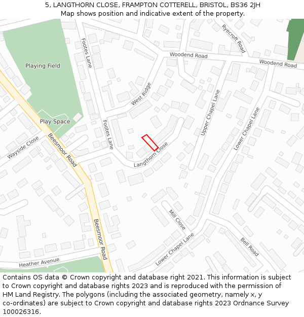 5, LANGTHORN CLOSE, FRAMPTON COTTERELL, BRISTOL, BS36 2JH: Location map and indicative extent of plot