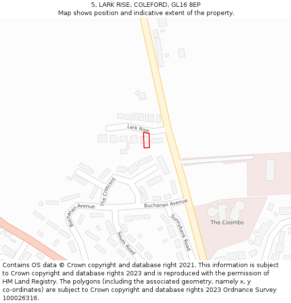 5, LARK RISE, COLEFORD, GL16 8EP: Location map and indicative extent of plot