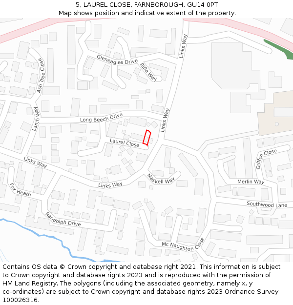 5, LAUREL CLOSE, FARNBOROUGH, GU14 0PT: Location map and indicative extent of plot