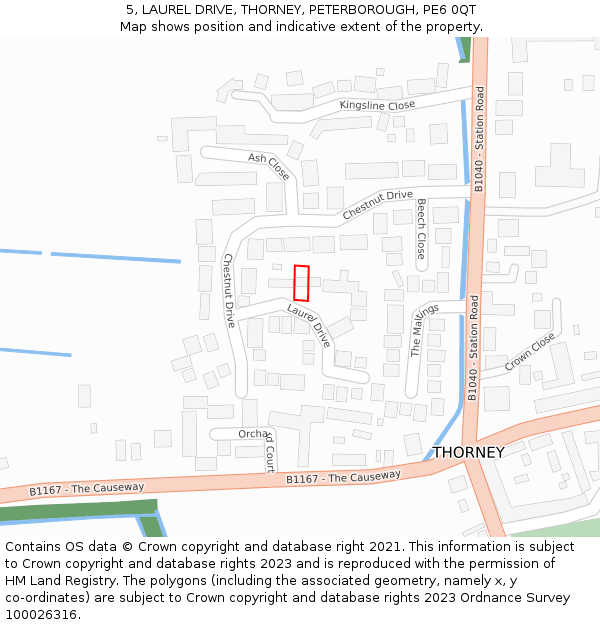 5, LAUREL DRIVE, THORNEY, PETERBOROUGH, PE6 0QT: Location map and indicative extent of plot