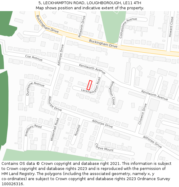 5, LECKHAMPTON ROAD, LOUGHBOROUGH, LE11 4TH: Location map and indicative extent of plot