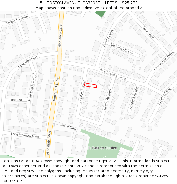 5, LEDSTON AVENUE, GARFORTH, LEEDS, LS25 2BP: Location map and indicative extent of plot