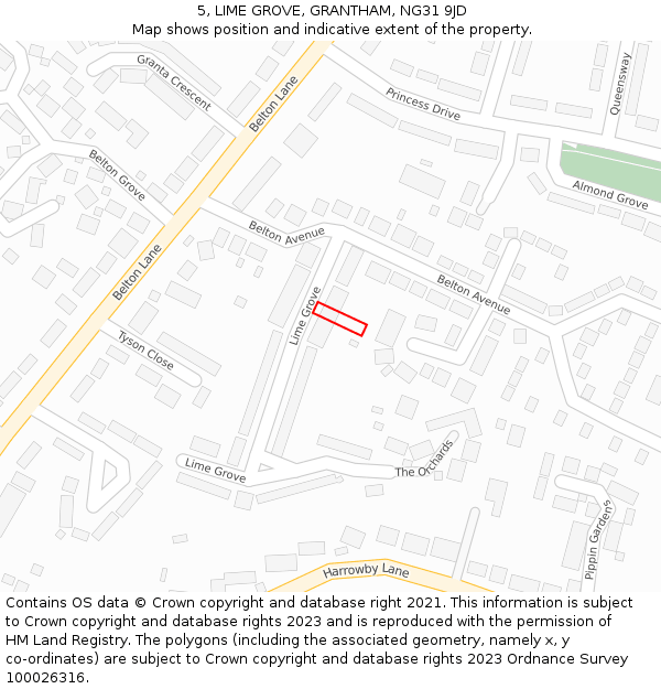 5, LIME GROVE, GRANTHAM, NG31 9JD: Location map and indicative extent of plot