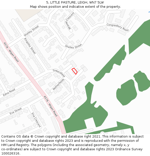 5, LITTLE PASTURE, LEIGH, WN7 5LW: Location map and indicative extent of plot