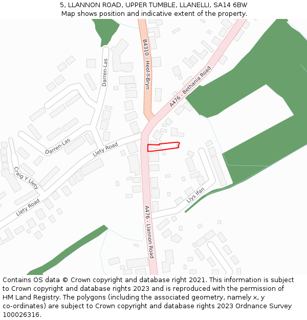 5, LLANNON ROAD, UPPER TUMBLE, LLANELLI, SA14 6BW: Location map and indicative extent of plot