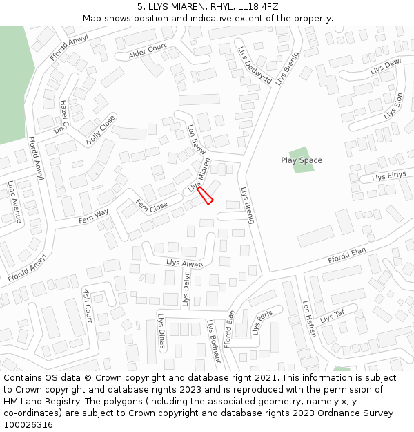 5, LLYS MIAREN, RHYL, LL18 4FZ: Location map and indicative extent of plot