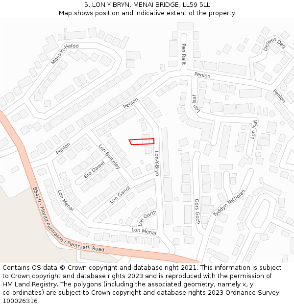 5, LON Y BRYN, MENAI BRIDGE, LL59 5LL: Location map and indicative extent of plot