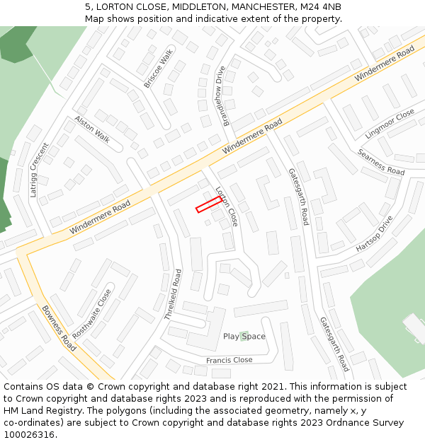 5, LORTON CLOSE, MIDDLETON, MANCHESTER, M24 4NB: Location map and indicative extent of plot