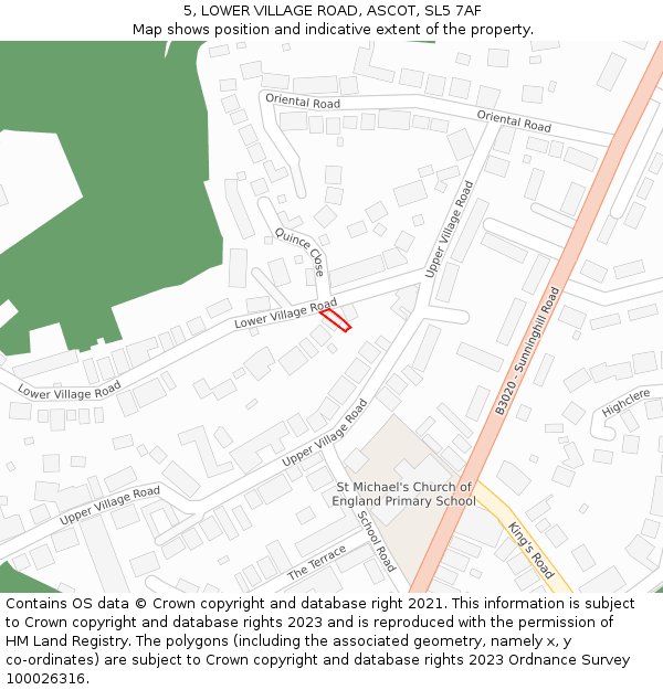 5, LOWER VILLAGE ROAD, ASCOT, SL5 7AF: Location map and indicative extent of plot