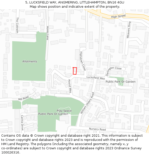 5, LUCKSFIELD WAY, ANGMERING, LITTLEHAMPTON, BN16 4GU: Location map and indicative extent of plot