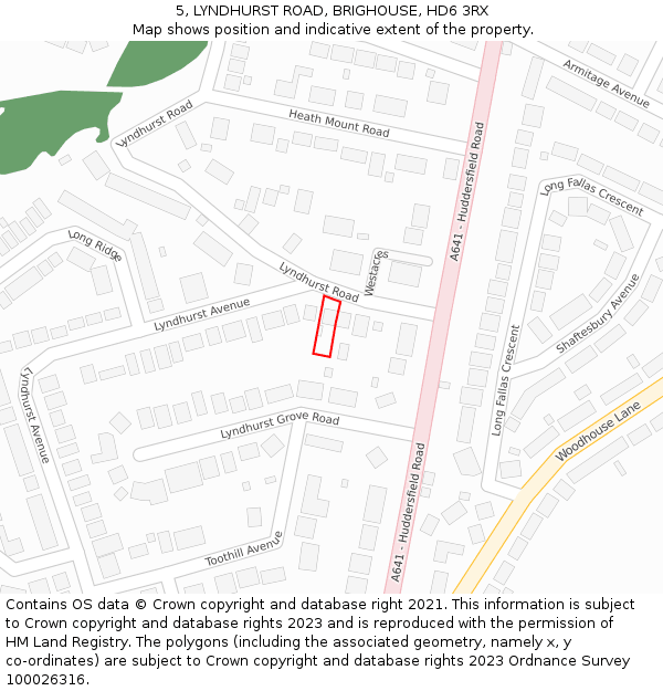 5, LYNDHURST ROAD, BRIGHOUSE, HD6 3RX: Location map and indicative extent of plot