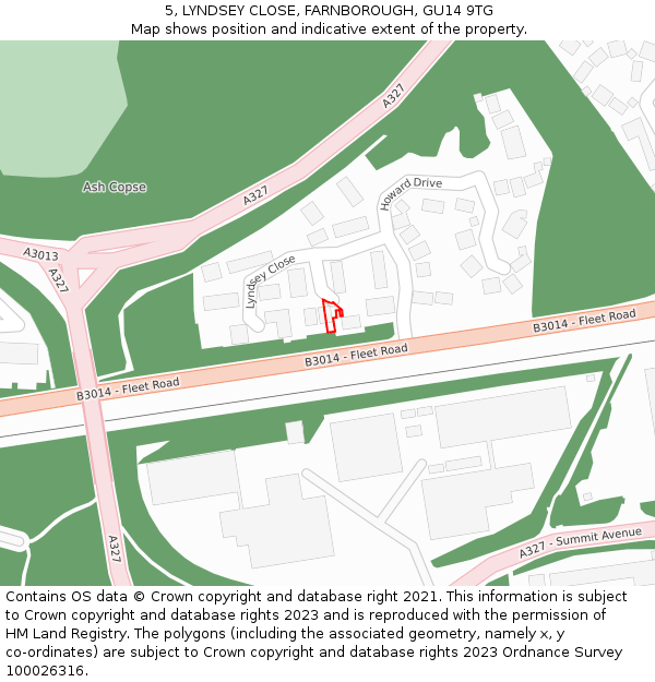 5, LYNDSEY CLOSE, FARNBOROUGH, GU14 9TG: Location map and indicative extent of plot