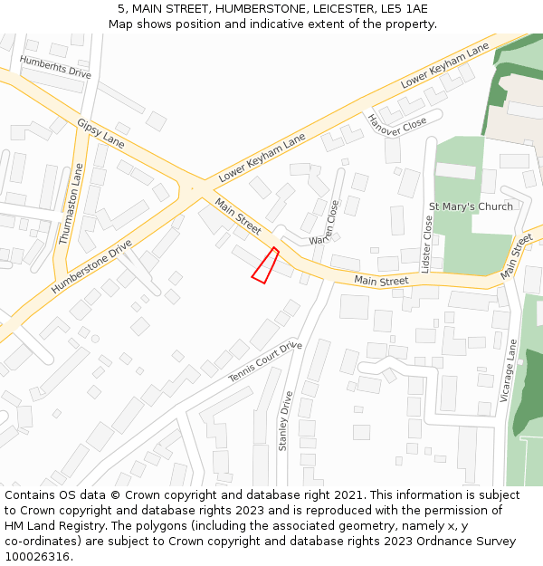 5, MAIN STREET, HUMBERSTONE, LEICESTER, LE5 1AE: Location map and indicative extent of plot