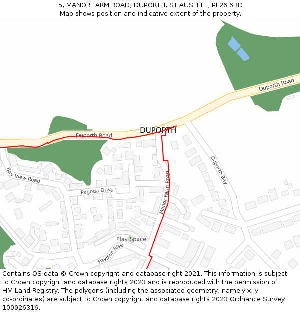 5, MANOR FARM ROAD, DUPORTH, ST AUSTELL, PL26 6BD: Location map and indicative extent of plot