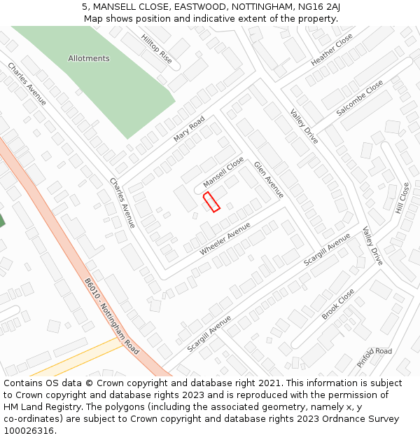 5, MANSELL CLOSE, EASTWOOD, NOTTINGHAM, NG16 2AJ: Location map and indicative extent of plot