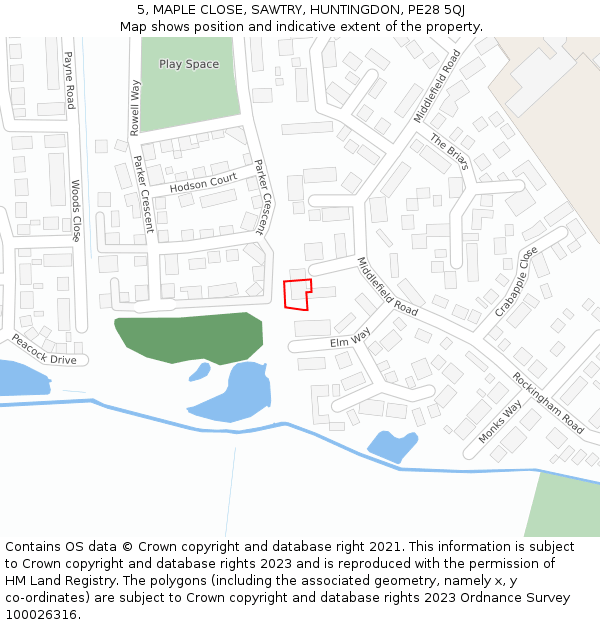 5, MAPLE CLOSE, SAWTRY, HUNTINGDON, PE28 5QJ: Location map and indicative extent of plot