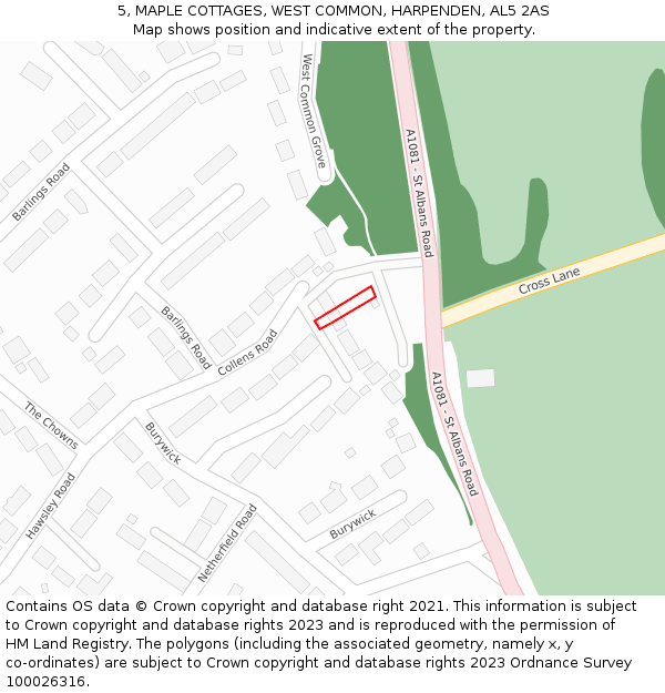 5, MAPLE COTTAGES, WEST COMMON, HARPENDEN, AL5 2AS: Location map and indicative extent of plot