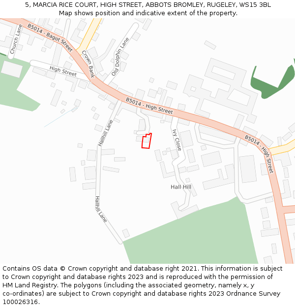 5, MARCIA RICE COURT, HIGH STREET, ABBOTS BROMLEY, RUGELEY, WS15 3BL: Location map and indicative extent of plot